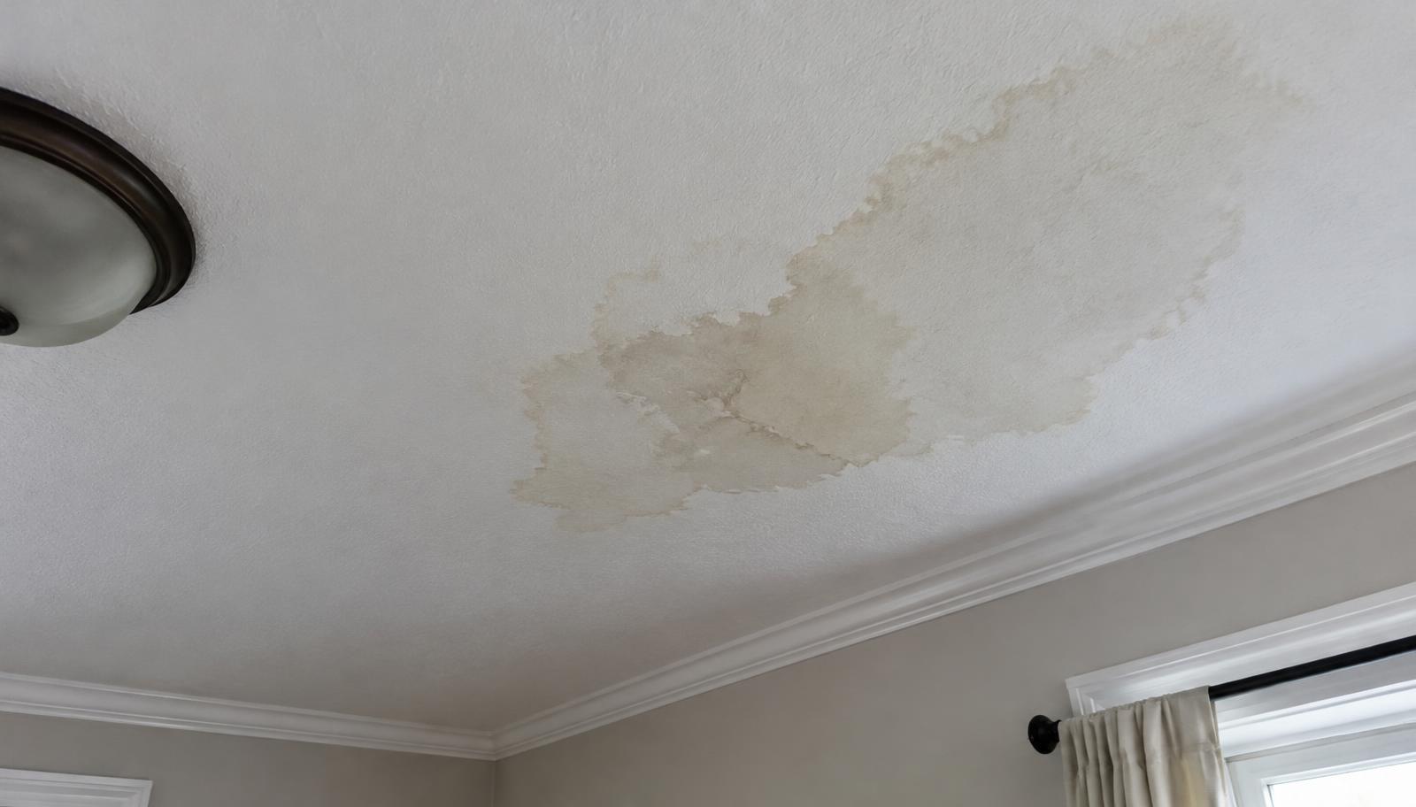 Brown water stain on a white ceiling caused by a roof leak