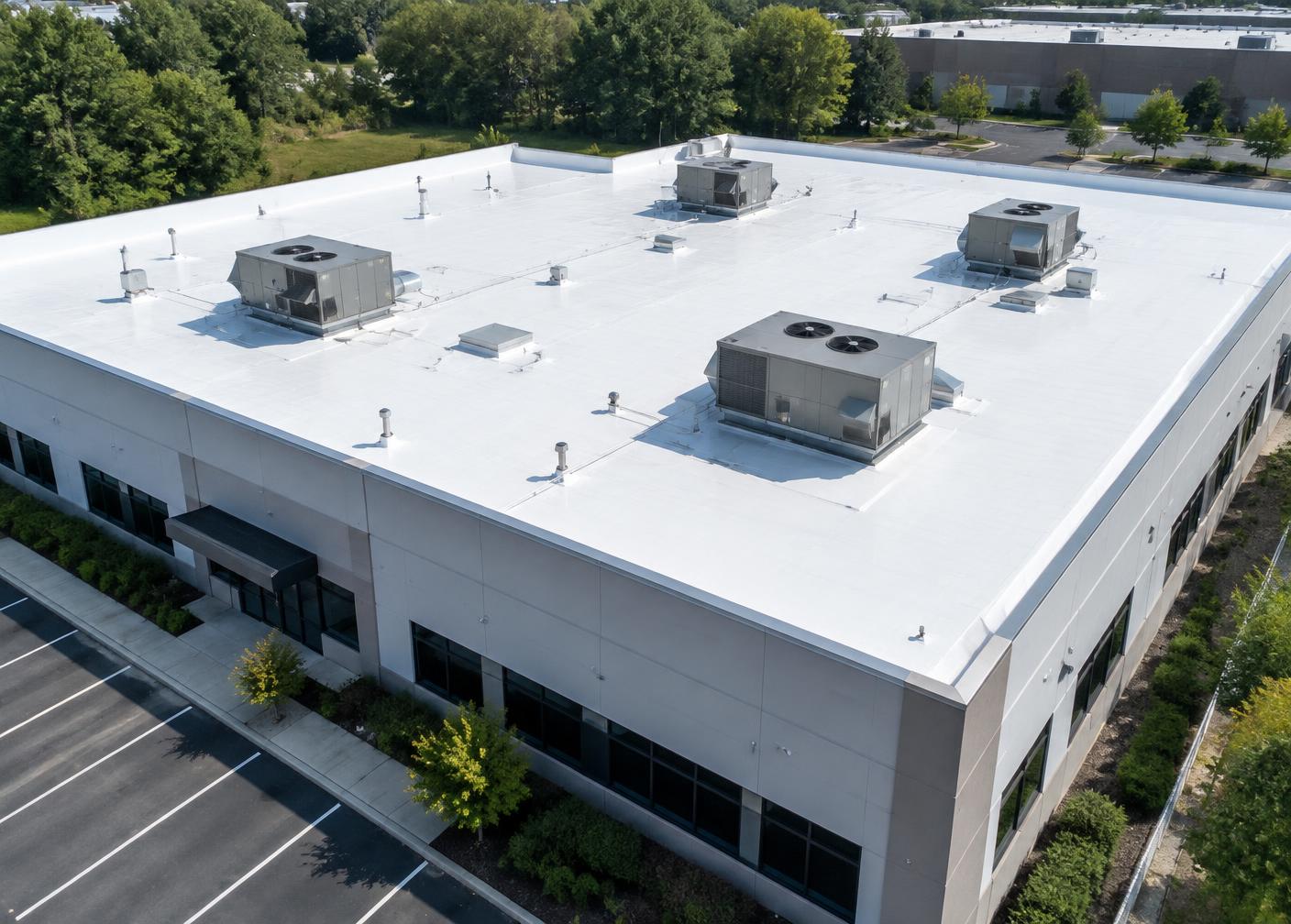 Low-slope commercial roof surface with drains and parapet walls