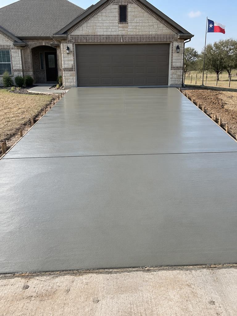 Freshly poured concrete driveway in front of a brick home