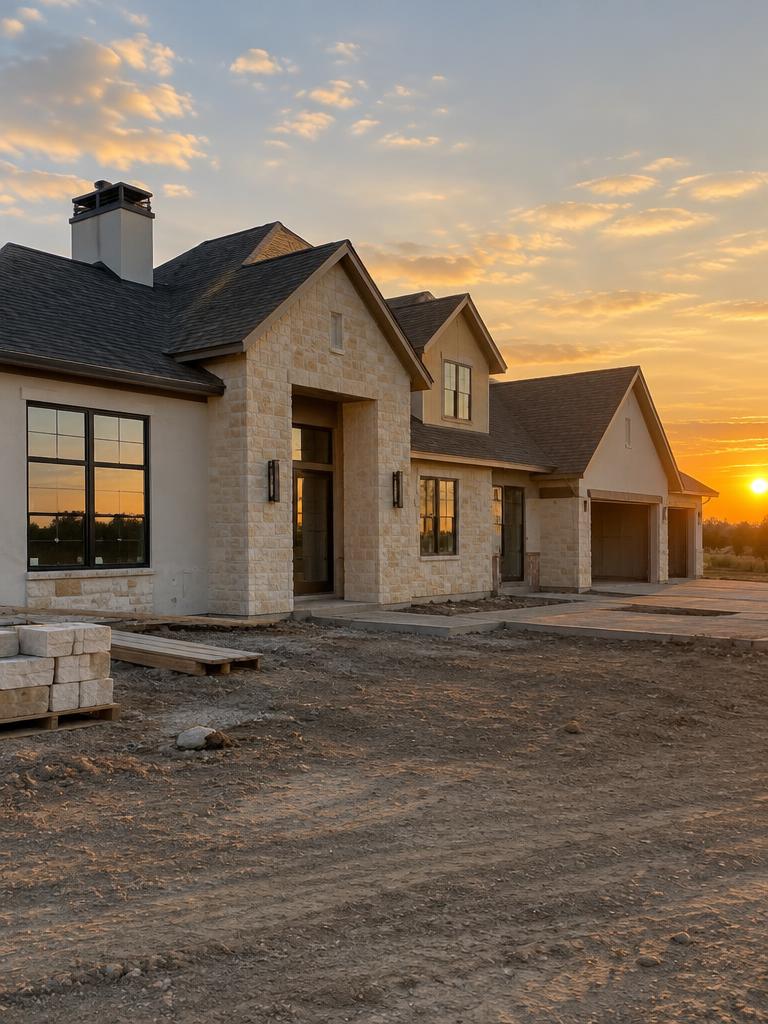 Newly built stone and stucco home exterior at sunset