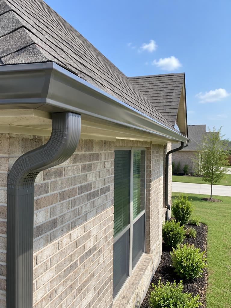 Seamless metal gutter and downspout along a brick home's roofline