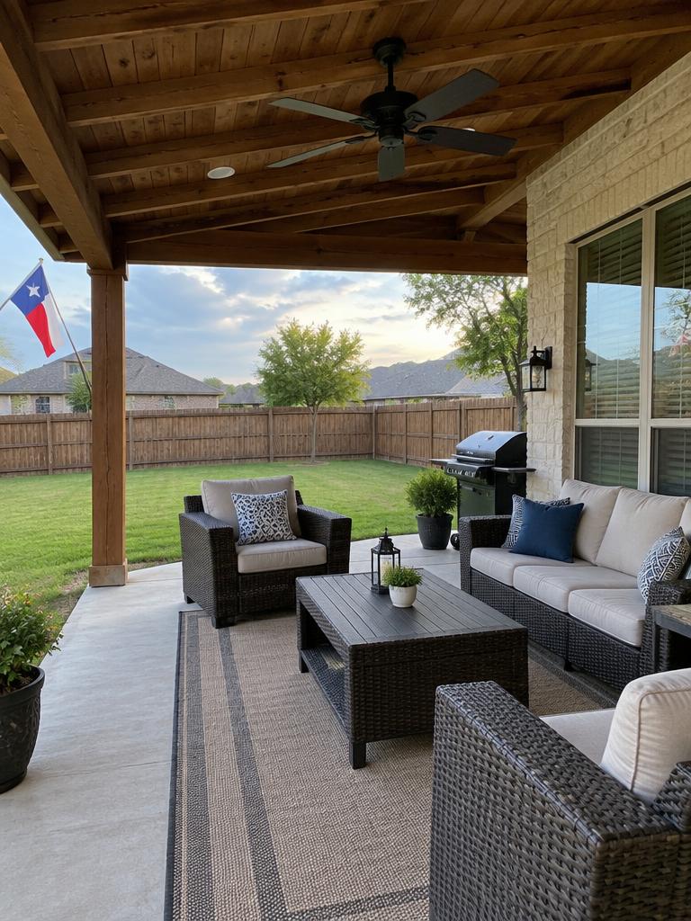 Covered backyard patio with a wood beam ceiling and outdoor furniture