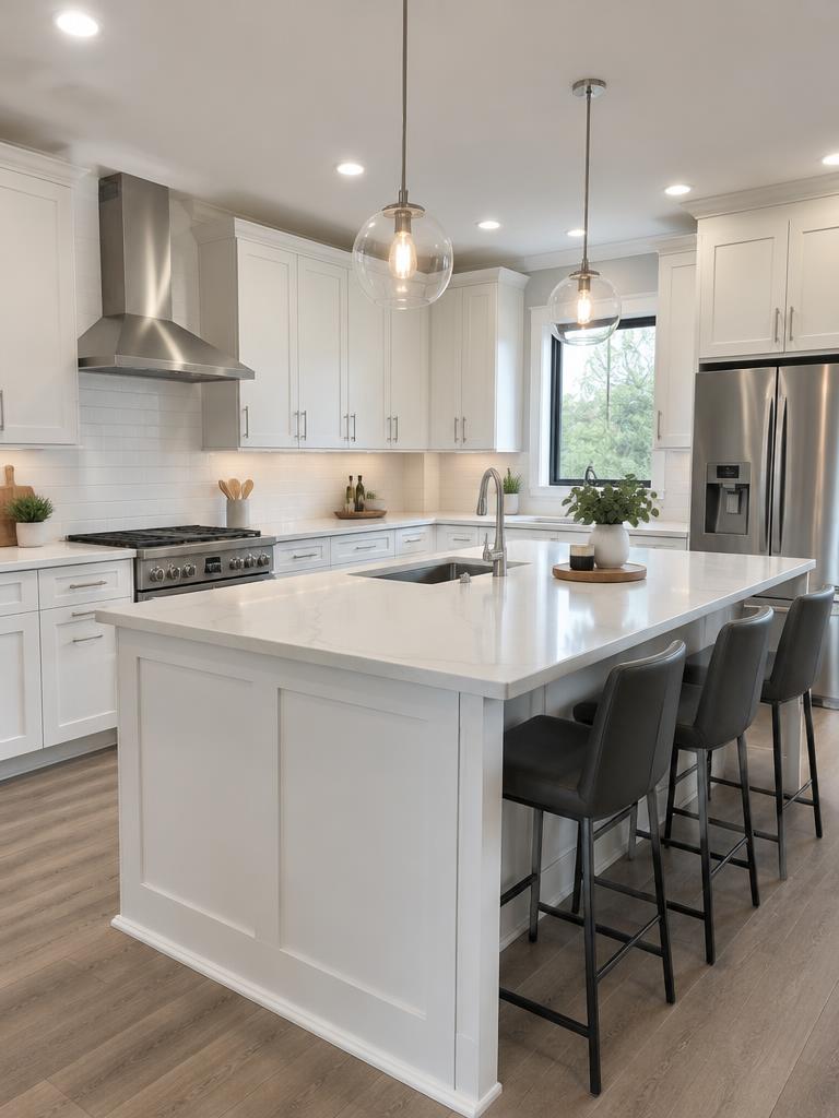 Remodeled kitchen with white cabinets and a large island