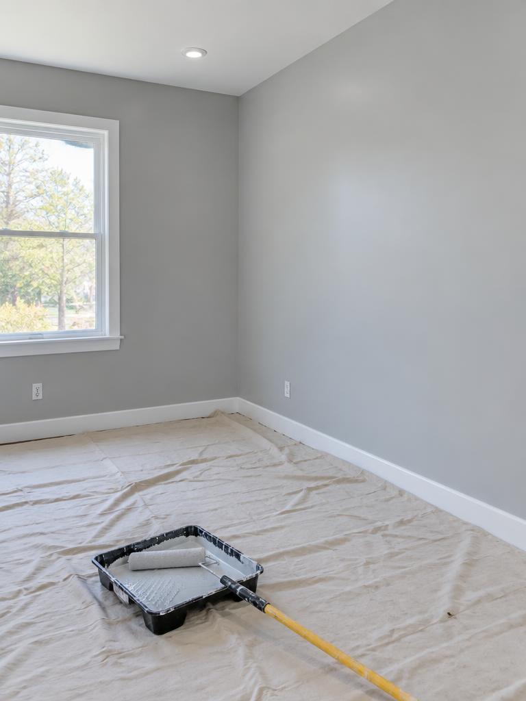 Freshly painted interior room with a paint roller and tray