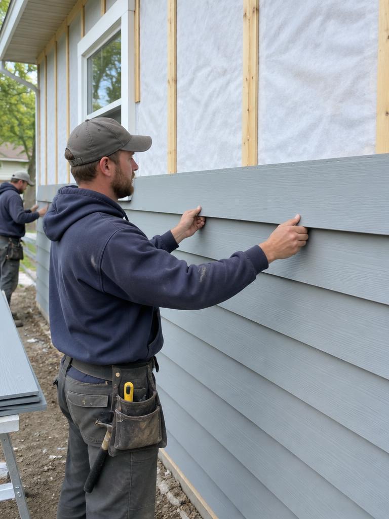 Worker installing horizontal lap siding on a house exterior