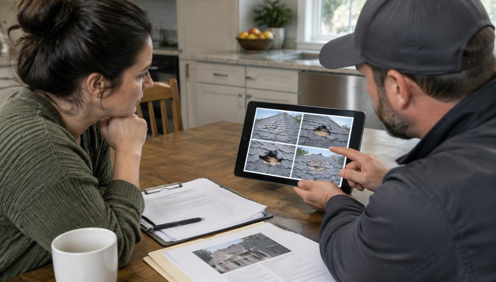 Contractor showing a homeowner roof damage photos on a tablet