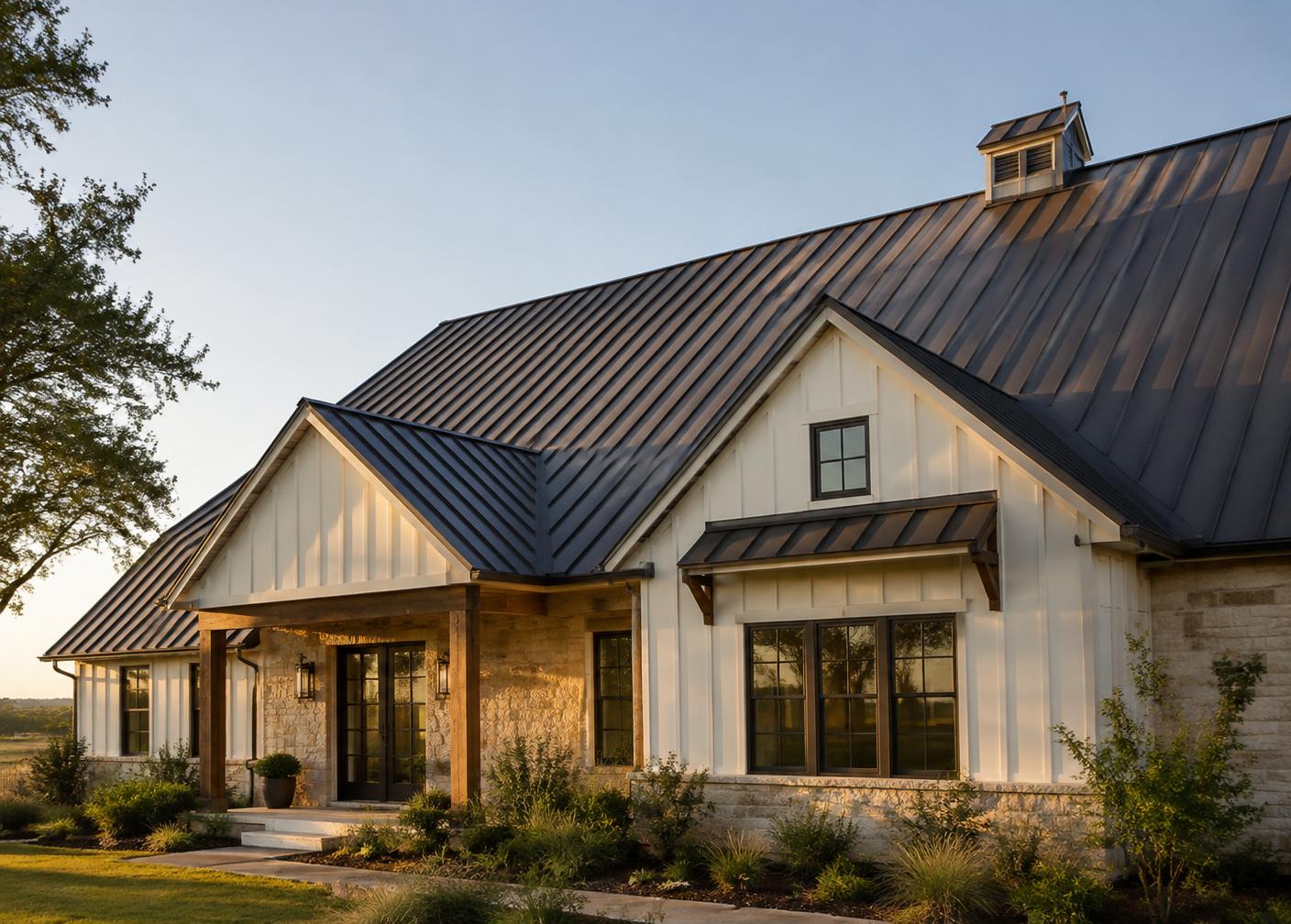 Standing seam metal roof panels on a building