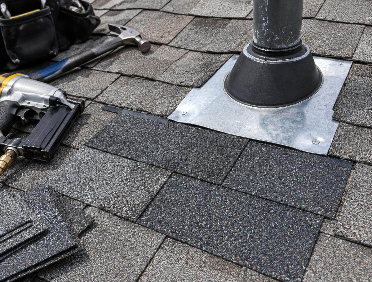 Roof repair work around a vent pipe on a residential shingle roof