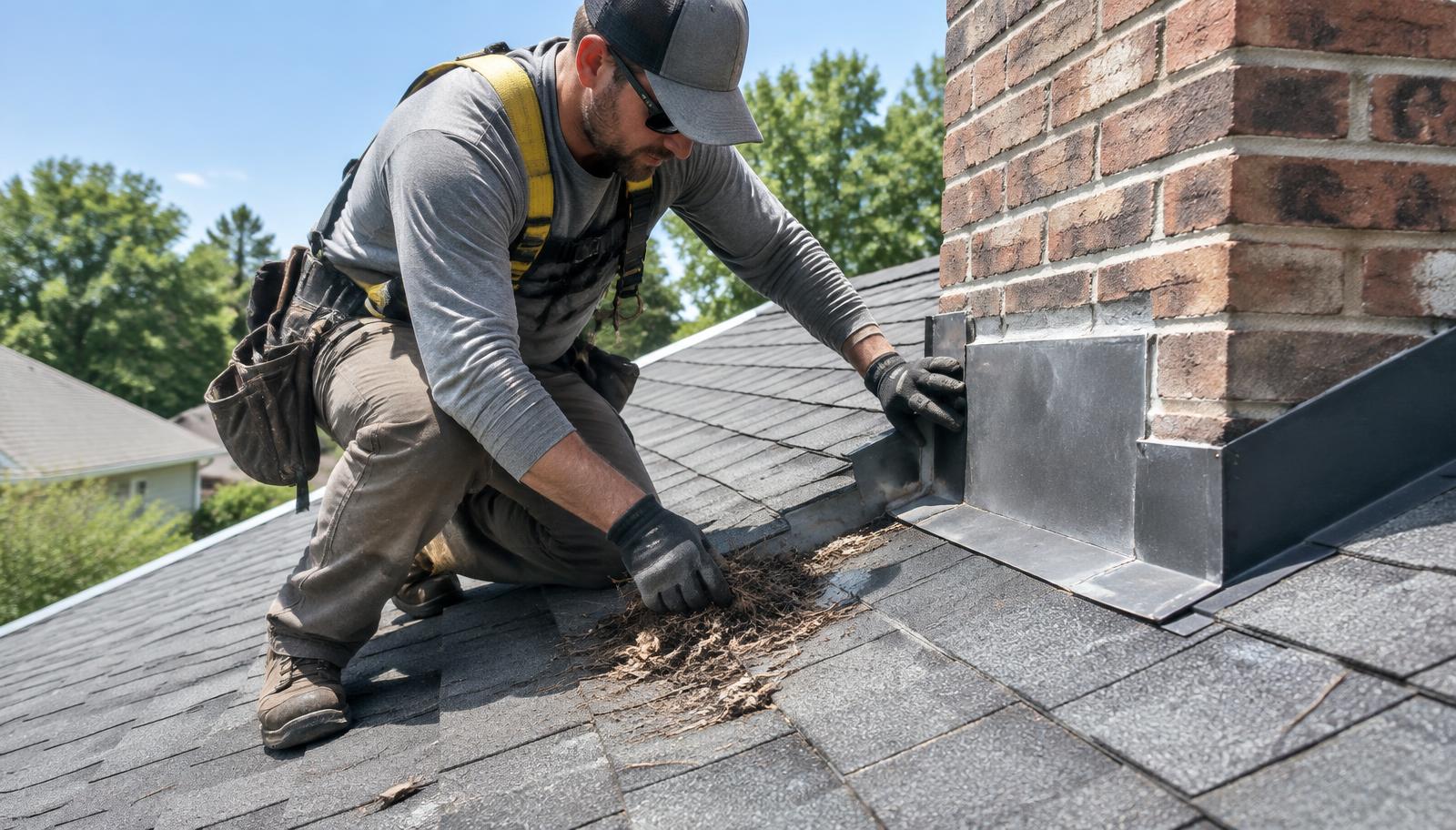 Roofer clearing debris and checking flashing beside a chimney