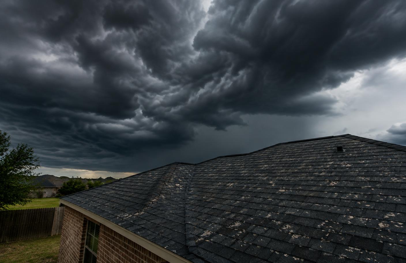 Storm clouds over a residential roof showing hail-impacted shingles