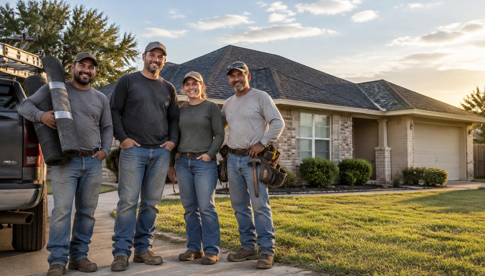 Roofworks and Construction team members standing together in front of a home with a newly installed shingle roof